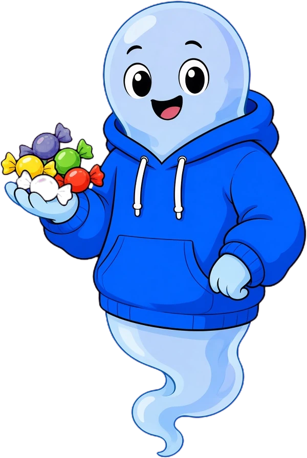 The Base Builder Ghost, a friendly ghost in a blue hoodie handing out candy